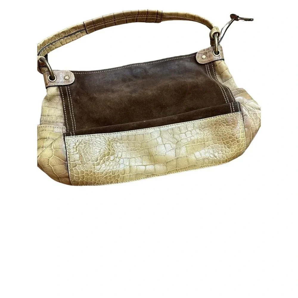 Fossil Women's Brown Leather Suede Croc Embossed Hobo Handbag